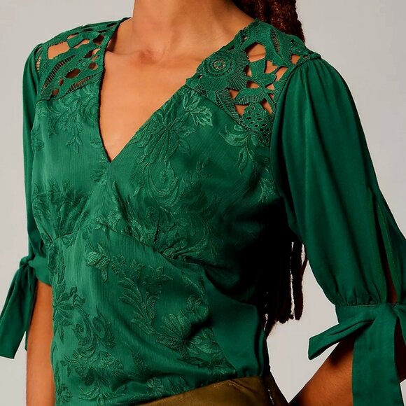 Anthropologie Tiny Ophelia Embroidered Lace Blouse In Green Size M EUC - Picture 1 of 14